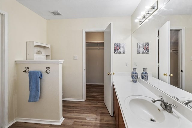 140 Shenandoah Trl, Elgin, TX 78621 - bathroom with wood finished floors, vanity, baseboards, and a walk in closet