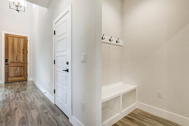 9601 Eloquence Dr, Manor, TX 78653 - mudroom featuring dark wood-type flooring and a chandelier