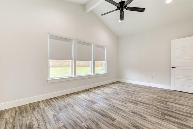 9601 Eloquence Dr, Manor, TX 78653 - unfurnished room featuring beam ceiling, wood finished floors, a ceiling fan, and high vaulted ceiling