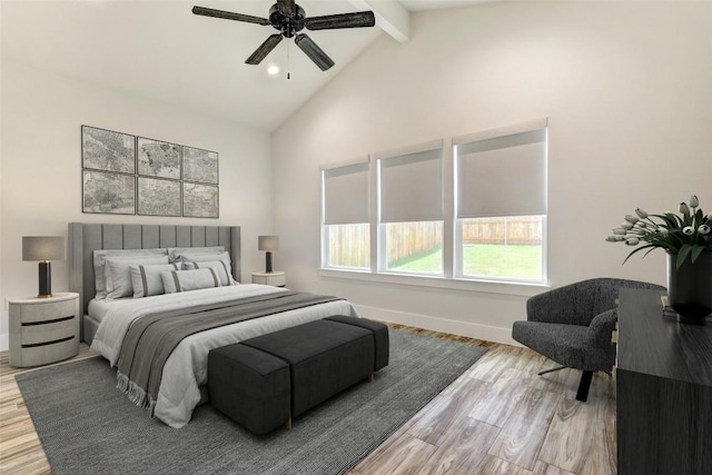 9601 Eloquence Dr, Manor, TX 78653 - bedroom with beamed ceiling, light wood finished floors, high vaulted ceiling, and ceiling fan
