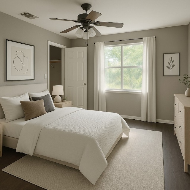 7205 Bethune Ave, Austin, TX 78752 - bedroom featuring baseboards, dark wood-style floors, ceiling fan, and a closet