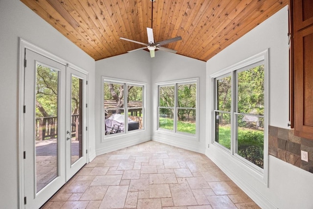 106 Sendera Bonita, Austin, TX 78734 - unfurnished sunroom with healthy amount of natural light, stone tile floors, french doors, wooden ceiling, and lofted ceiling