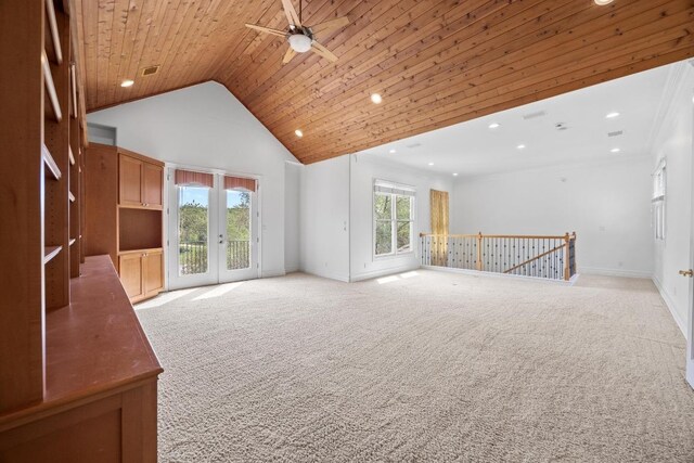 106 Sendera Bonita, Austin, TX 78734 - unfurnished living room featuring a ceiling fan, light colored carpet, french doors, recessed lighting, and high vaulted ceiling
