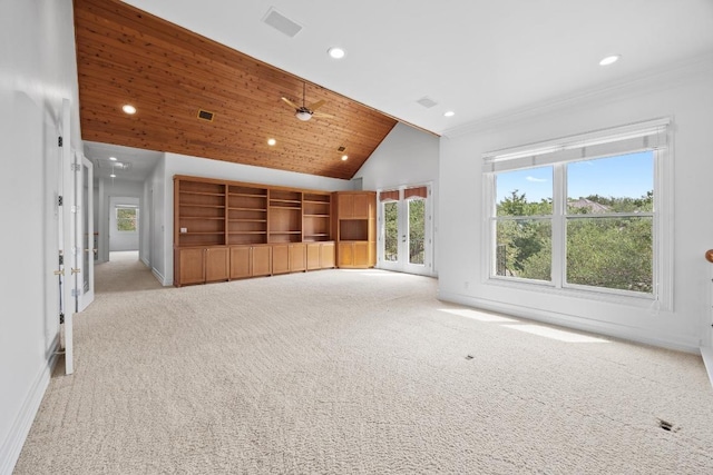 106 Sendera Bonita, Austin, TX 78734 - unfurnished living room with french doors, carpet flooring, recessed lighting, ornamental molding, and high vaulted ceiling