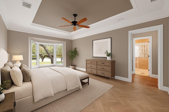 106 Sendera Bonita, Austin, TX 78734 - bedroom featuring a tray ceiling, crown molding, and ceiling fan