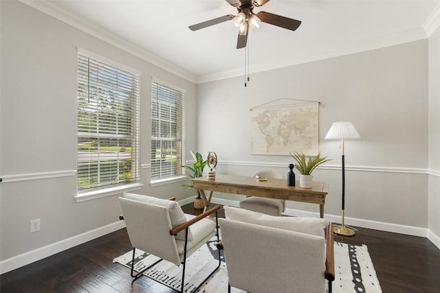office space featuring baseboards, ornamental molding, wood finished floors, and a ceiling fan