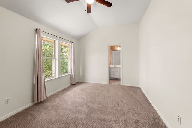 9604 Big View Dr, Austin, TX 78730 - unfurnished bedroom featuring lofted ceiling, light colored carpet, a ceiling fan, and connected bathroom