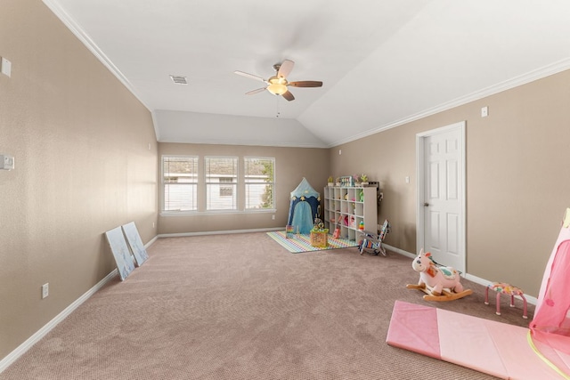 9604 Big View Dr, Austin, TX 78730 - game room with a ceiling fan, carpet floors, crown molding, and vaulted ceiling