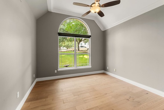 9604 Big View Dr, Austin, TX 78730 - unfurnished room featuring vaulted ceiling, ceiling fan, ornamental molding, and light wood-style flooring