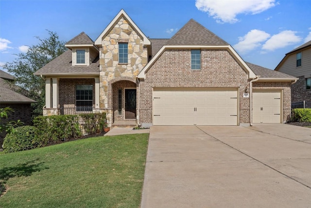 21816 Agarito Ln, Spicewood, TX 78669 - view of front of property featuring a garage, concrete driveway, a front yard, brick siding, and a shingled roof
