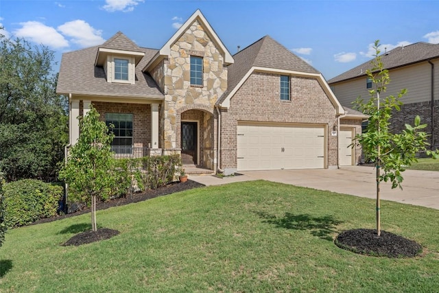 21816 Agarito Ln, Spicewood, TX 78669 - view of front facade featuring a garage, driveway, a front lawn, brick siding, and roof with shingles