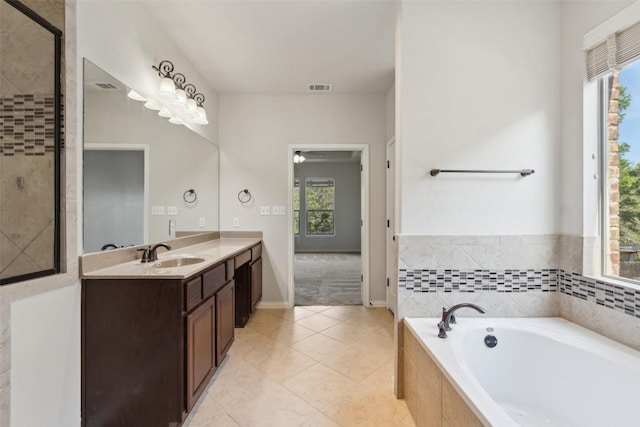 21816 Agarito Ln, Spicewood, TX 78669 - full bath featuring vanity, a garden tub, healthy amount of natural light, and tile patterned floors