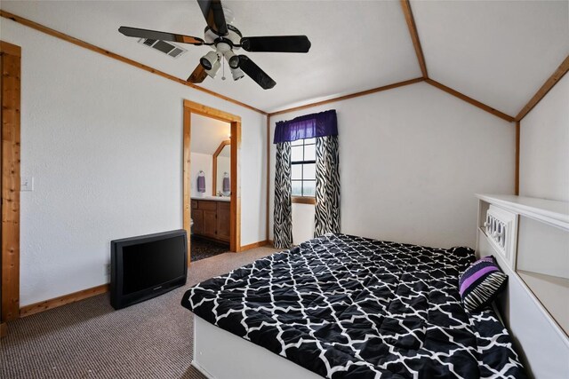 16009 Bobby Rd, Manor, TX 78653 - bedroom featuring carpet floors, lofted ceiling, connected bathroom, and a ceiling fan