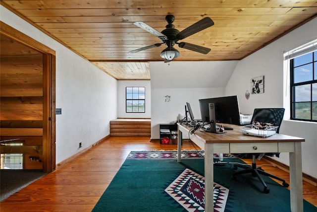 16009 Bobby Rd, Manor, TX 78653 - office featuring wood ceiling, a ceiling fan, wood finished floors, and lofted ceiling