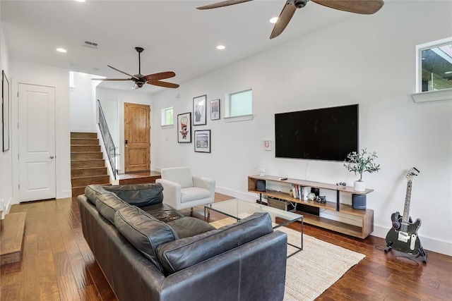 4612 Windy Brook Dr Unit A, Austin, TX 78723 - living room with ceiling fan, stairway, wood-type flooring, recessed lighting, and baseboards