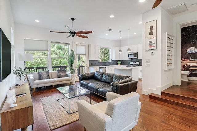 4612 Windy Brook Dr Unit A, Austin, TX 78723 - living room with ceiling fan, dark wood-style floors, and recessed lighting