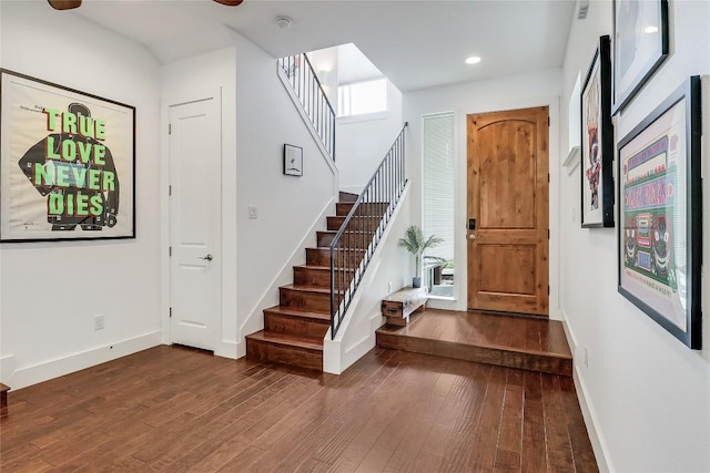 4612 Windy Brook Dr Unit A, Austin, TX 78723 - entryway with hardwood / wood-style flooring, stairway, baseboards, and recessed lighting