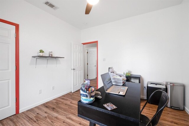 146 Long Shadow Dr, Bastrop, TX 78602 - home office featuring ceiling fan, wood finished floors, and baseboards