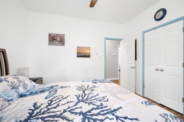 146 Long Shadow Dr, Bastrop, TX 78602 - bedroom with a closet, wood finished floors, and a ceiling fan