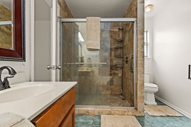 2605 Little Nolan Rd, Killeen, TX 76542 - full bathroom with toilet, a shower stall, vanity, baseboards, and tile patterned flooring