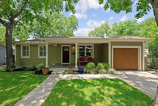 3214 Funston St, Austin, TX 78703 - ranch-style house with a garage, a porch, driveway, and a front lawn