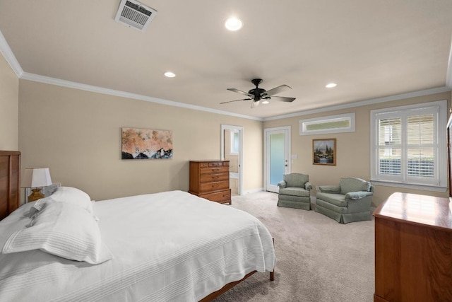 3214 Funston St, Austin, TX 78703 - carpeted bedroom with ornamental molding, recessed lighting, and a ceiling fan