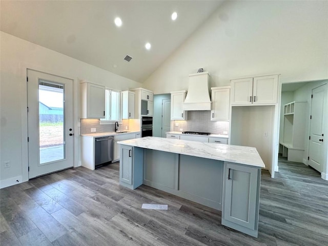 5501 Hollow Loop, Salado, TX 76571 - kitchen featuring appliances with stainless steel finishes, custom range hood, a spacious island, white cabinetry, and tasteful backsplash