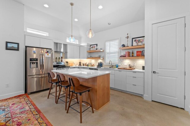 4801 Louis Ave Unit 1, Austin, TX 78721 - kitchen featuring stainless steel appliances, modern cabinets, wall chimney exhaust hood, open shelves, and white cabinetry