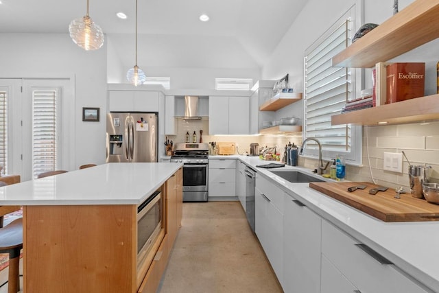 4801 Louis Ave Unit 1, Austin, TX 78721 - kitchen featuring open shelves, stainless steel appliances, wall chimney exhaust hood, a sink, and modern cabinets