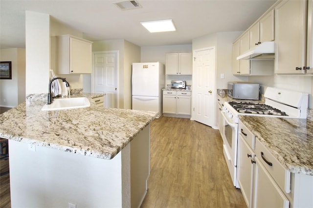 2418 Madeline Loop, Cedar Park, TX 78613 - kitchen featuring under cabinet range hood, white appliances, a peninsula, a sink, and light wood finished floors