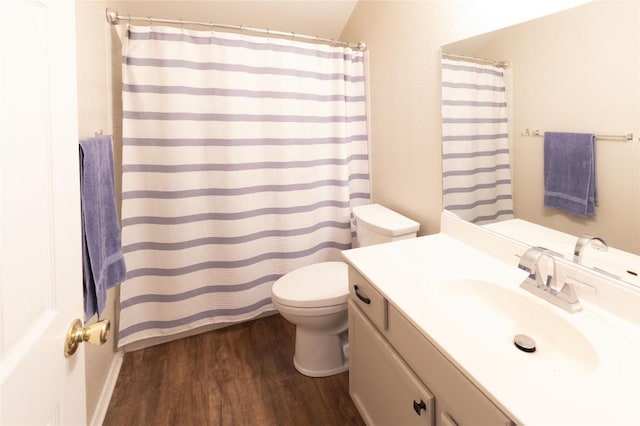2418 Madeline Loop, Cedar Park, TX 78613 - bathroom with vanity, wood finished floors, toilet, a shower with curtain, and vaulted ceiling