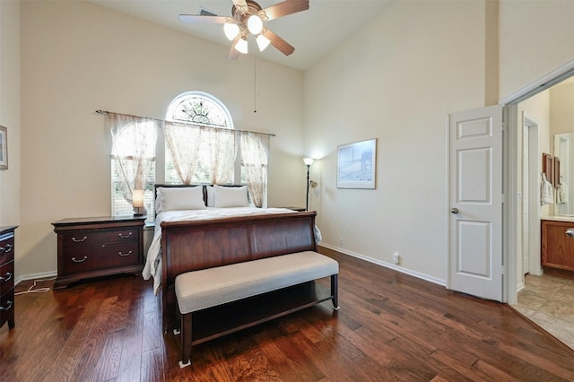 204 Saddleback Rd, Austin, TX 78737 - bedroom featuring high vaulted ceiling, dark wood-style flooring, baseboards, and ceiling fan