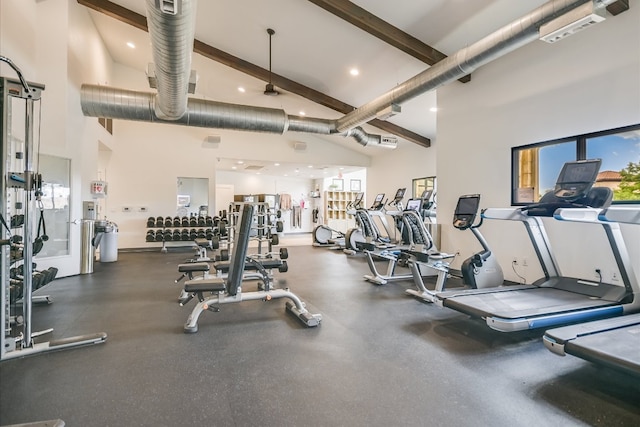 604 Rawson Bnd, Austin, TX 78738 - workout area with high vaulted ceiling, plenty of natural light, beamed ceiling, and recessed lighting