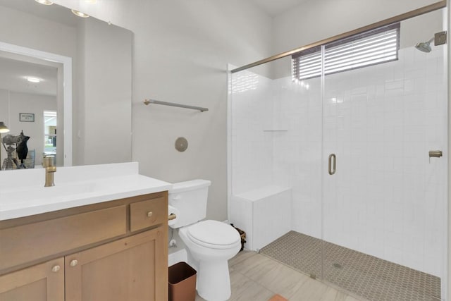 full bathroom featuring a shower stall, toilet, and vanity