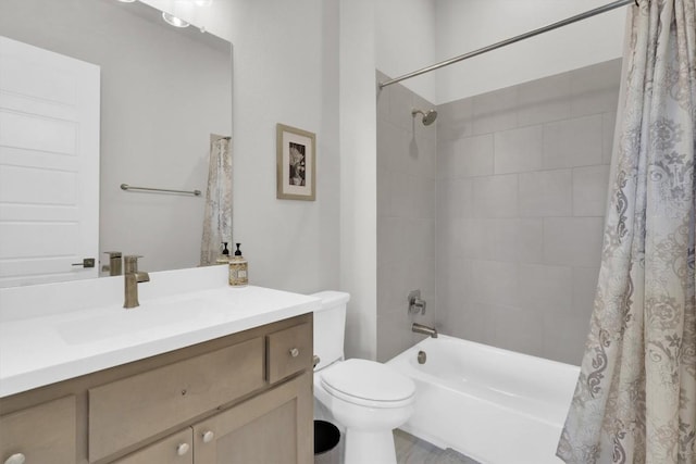 bathroom featuring shower / bathtub combination with curtain, toilet, and vanity