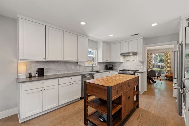 4107 Circletree Loop, Austin, TX 78731 - kitchen with dishwasher, white cabinets, decorative backsplash, light wood-style flooring, and recessed lighting