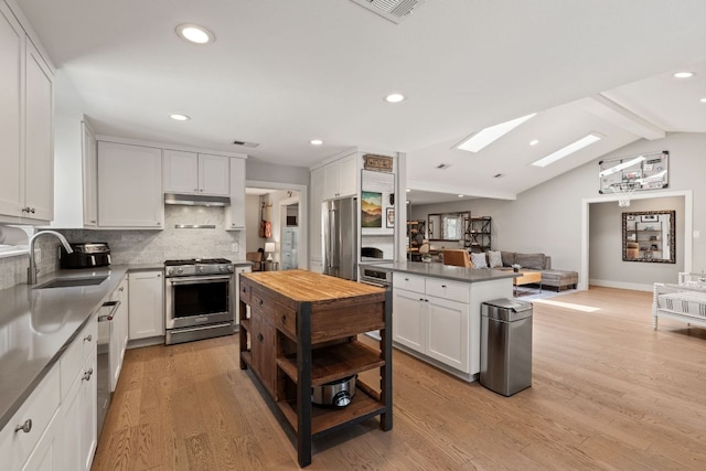 4107 Circletree Loop, Austin, TX 78731 - kitchen with premium appliances, a skylight, light wood-style floors, backsplash, and white cabinetry