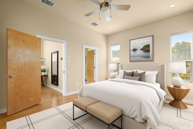 5309 Sendero Hills Pkwy, Austin, TX 78724 - bedroom featuring light wood-style flooring, baseboards, recessed lighting, and ceiling fan