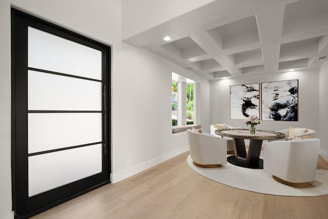 3401 Day Star Cv, Austin, TX 78746 - dining room featuring wood finished floors, coffered ceiling, beamed ceiling, and recessed lighting