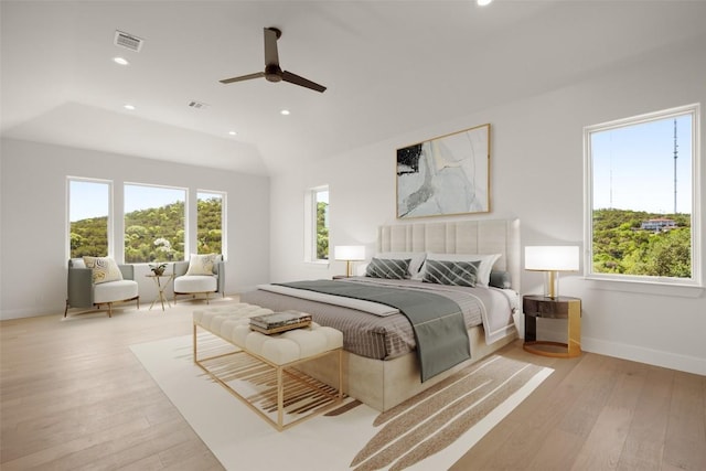 3401 Day Star Cv, Austin, TX 78746 - bedroom with light wood-type flooring, recessed lighting, a ceiling fan, and vaulted ceiling