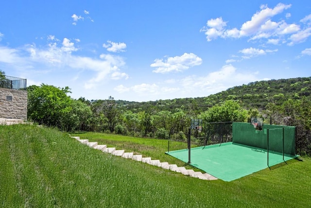 3401 Day Star Cv, Austin, TX 78746 - view of green lawn featuring basketball hoop and a forest view