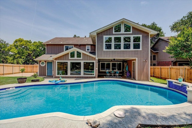 6022 Abilene Trl, Austin, TX 78749 - view of pool with a fenced backyard, a patio area, and ceiling fan