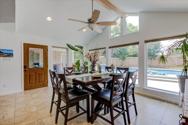 6022 Abilene Trl, Austin, TX 78749 - dining area with a ceiling fan, beamed ceiling, high vaulted ceiling, and light tile patterned floors