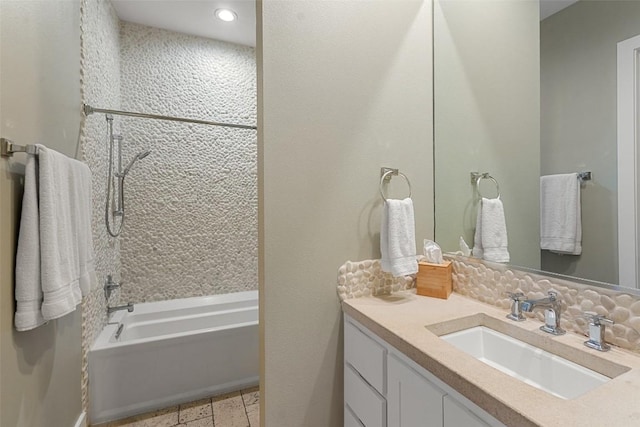 1348 Lake Shore Dr, Spicewood, TX 78669 - full bathroom featuring vanity, tub / shower combination, and backsplash