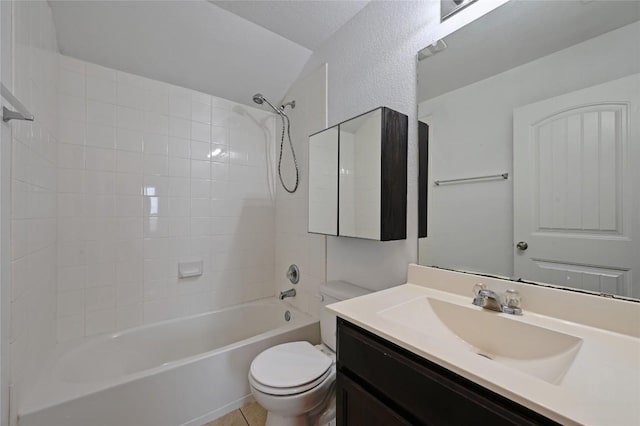 bathroom with toilet, bathing tub / shower combination, and vanity