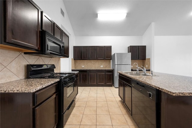 kitchen featuring black appliances, a sink, backsplash, dark brown cabinetry, and light tile patterned floors