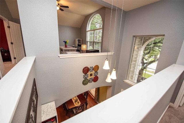 1006 Savanna Ln, Cedar Park, TX 78613 - staircase with a ceiling fan, lofted ceiling, and carpet