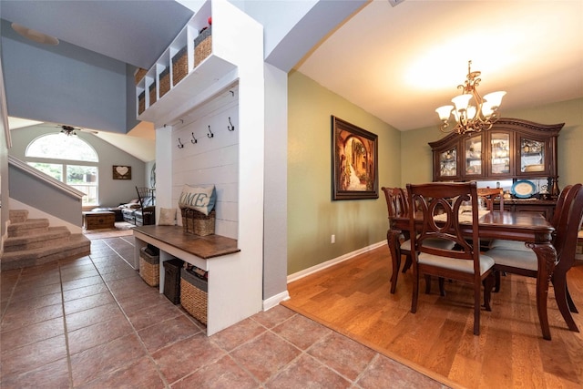 1006 Savanna Ln, Cedar Park, TX 78613 - dining room with a chandelier, stairs, ceiling fan, and baseboards