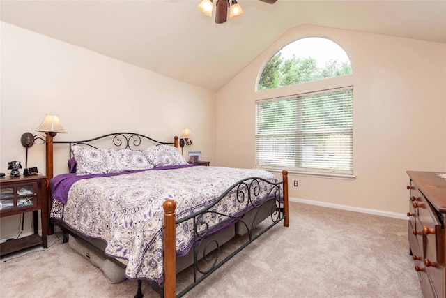 1006 Savanna Ln, Cedar Park, TX 78613 - bedroom featuring multiple windows, vaulted ceiling, light colored carpet, baseboards, and ceiling fan