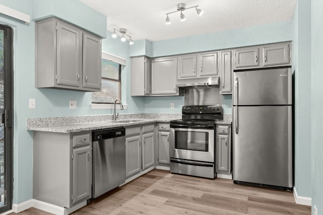 21459 Coyote Trl Unit A2, Lago Vista, TX 78645 - kitchen with appliances with stainless steel finishes, under cabinet range hood, gray cabinetry, light wood-style flooring, and light stone counters